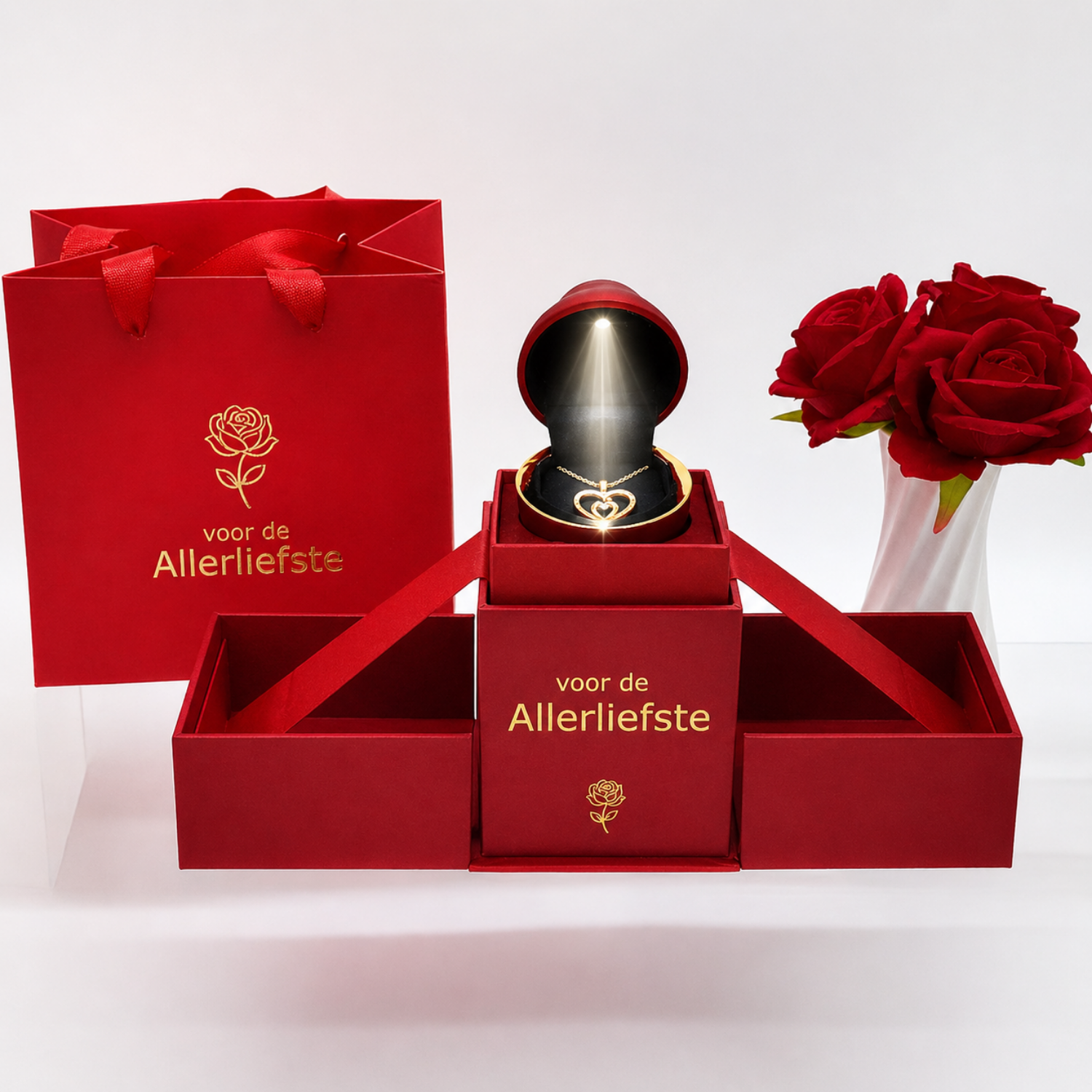 Dubbel Hart liefdesketting - Luxe LED Roos Cadeaubox