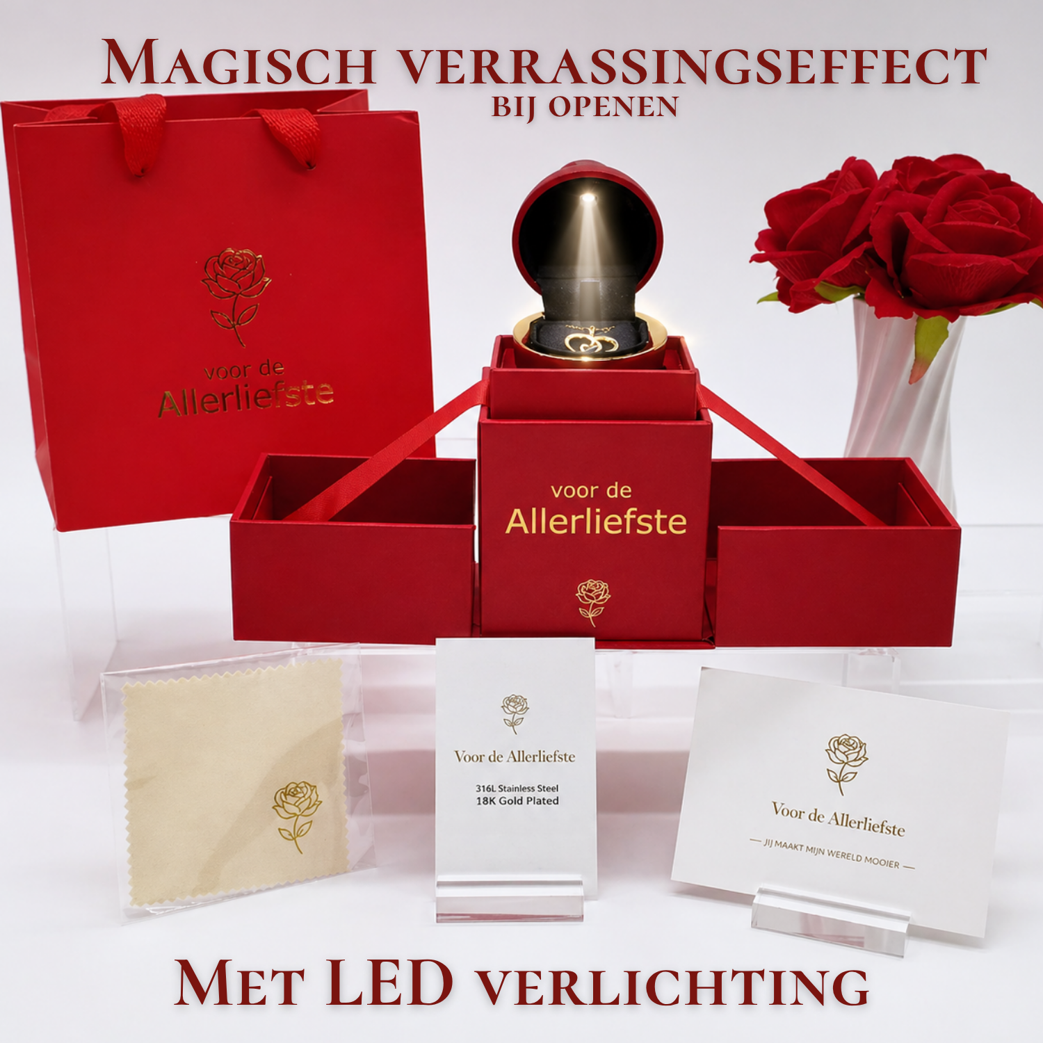 Dubbel Hart liefdesketting - Luxe LED Roos Cadeaubox