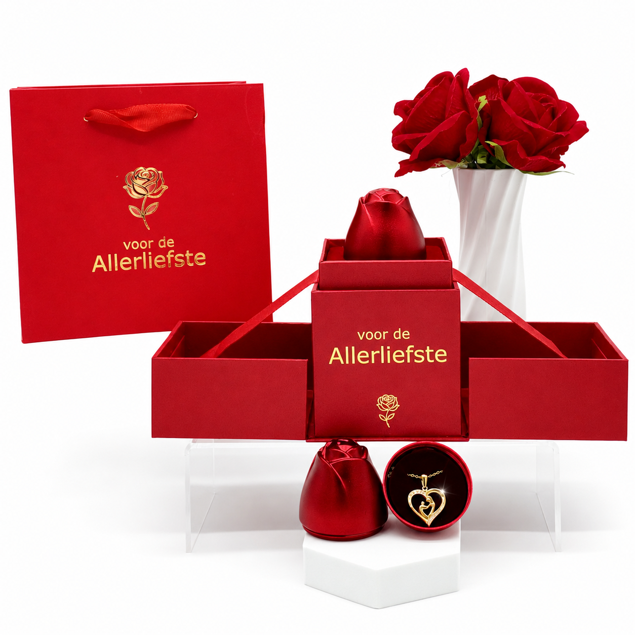 Dubbel Hart liefdesketting – Luxe Roos Cadeaubox