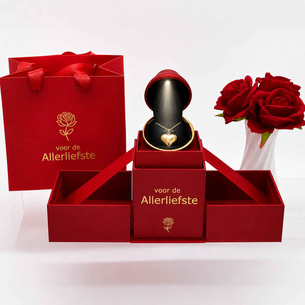 Vintage hartketting - Luxe LED Roos Cadeaubox