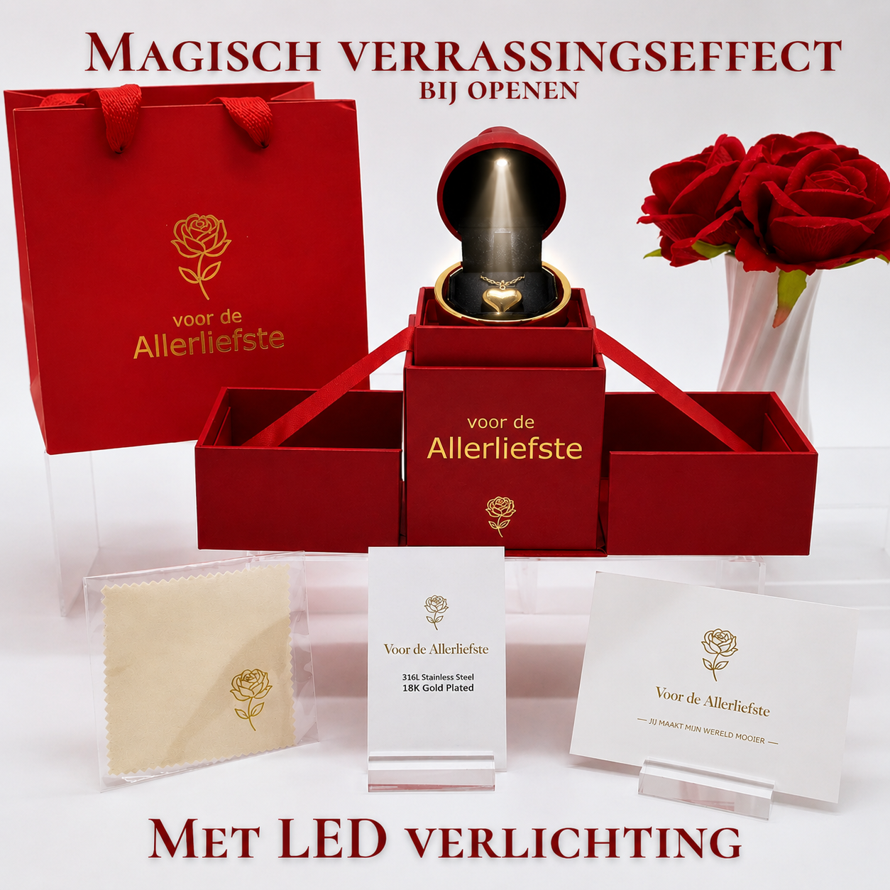 Vintage hartketting - Luxe LED Roos Cadeaubox